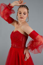 Angelino Red Tulle Low Sleeve Engagement Evening Dress