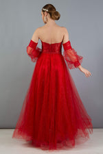 Angelino Red Tulle Low Sleeve Engagement Evening Dress