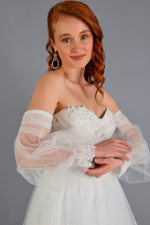 Angelino Ecru Tulle Low Sleeve Engagement Evening Dress