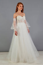 Angelino Ecru Tulle Low Sleeve Engagement Evening Dress