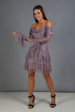 Angelino Lavender Lace Long Sleeve Short Evening Dress