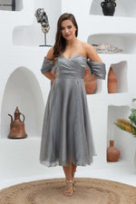 Angelino anthracite low sleeve organze engagement evening dress dress