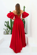 Angelino Red Satin Balloon Sleeve Slit Long Evening Dress