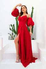 Angelino Red Satin Balloon Sleeve Slit Long Evening Dress