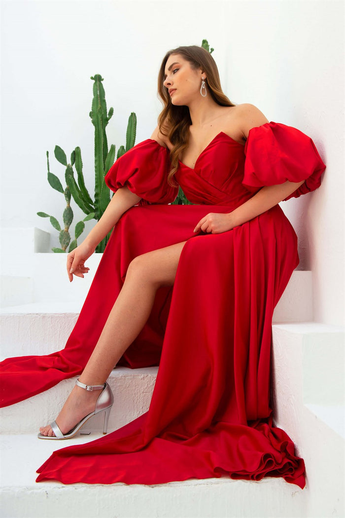 Angelino Red Satin Balloon Sleeve Slit Long Evening Dress