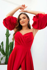 Angelino Red Satin Balloon Sleeve Slit Long Evening Dress