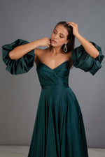 Emerald Satin Balloon Sleeve Slit Long Evening Dress