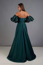 Emerald Satin Balloon Sleeve Slit Long Evening Dress