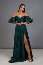 Emerald Satin Balloon Sleeve Slit Long Evening Dress