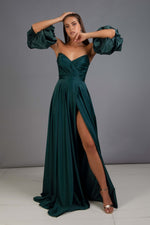 Emerald Satin Balloon Sleeve Slit Long Evening Dress