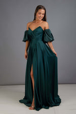 Emerald Satin Balloon Sleeve Slit Long Evening Dress