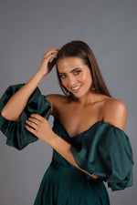 Emerald Satin Balloon Sleeve Slit Long Evening Dress