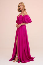 Angelino Fuchsia Satin Balloon Sleeve Slit Long Evening Dress