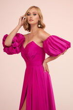 Angelino Fuchsia Satin Balloon Sleeve Slit Long Evening Dress