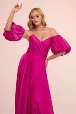 Angelino Fuchsia Satin Balloon Sleeve Slit Long Evening Dress