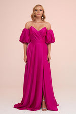 Angelino Fuchsia Satin Balloon Sleeve Slit Long Evening Dress