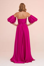 Angelino Fuchsia Satin Balloon Sleeve Slit Long Evening Dress