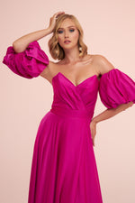 Angelino Fuchsia Satin Balloon Sleeve Slit Long Evening Dress