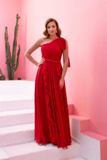 Angelino Red Chiffon One Shoulder Long Evening Dress