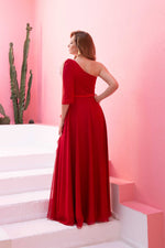 Angelino Red Chiffon One Shoulder Long Evening Dress