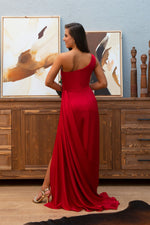 Red Satin One-Shoulder Slit Long Evening Dress