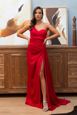 Red Satin One-Shoulder Slit Long Evening Dress