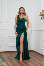 Emerald Satin One-Shoulder Slit Long Evening Dress