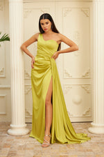 Angelino peanut green satin one -shoulder slit long evening dress dress