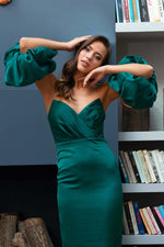 Angelino Emerald Satin Balloon Sleeve Short Evening Dress