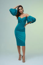 Petrol Satin Balloon Sleeve Short Evening Dress