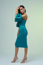 Petrol Satin Balloon Sleeve Short Evening Dress