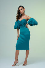 Petrol Satin Balloon Sleeve Short Evening Dress