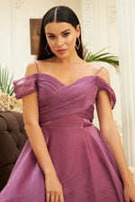 Fuchsia Organza Low Sleeve Short Evening Dress