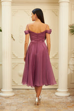 Fuchsia Organza Low Sleeve Short Evening Dress