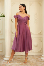 Fuchsia Organza Low Sleeve Short Evening Dress