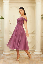 Fuchsia Organza Low Sleeve Short Evening Dress