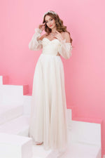 Ecru Organza Low Sleeve Wedding Evening Dress