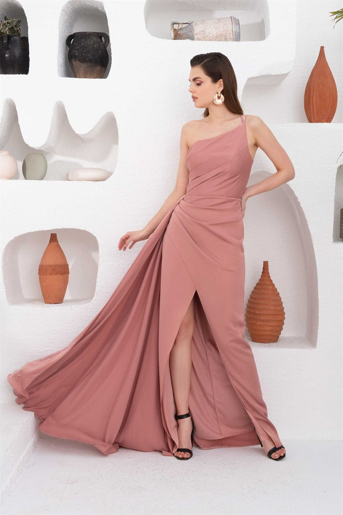 Angelino Powder Satin One Shoulder Long Evening Dress