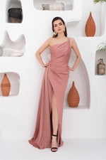 Angelino Powder Satin One Shoulder Long Evening Dress