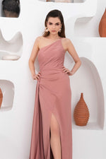 Angelino Powder Satin One Shoulder Long Evening Dress