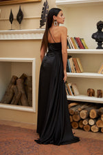 Angelino Black Satin One Shoulder Long Evening Dress