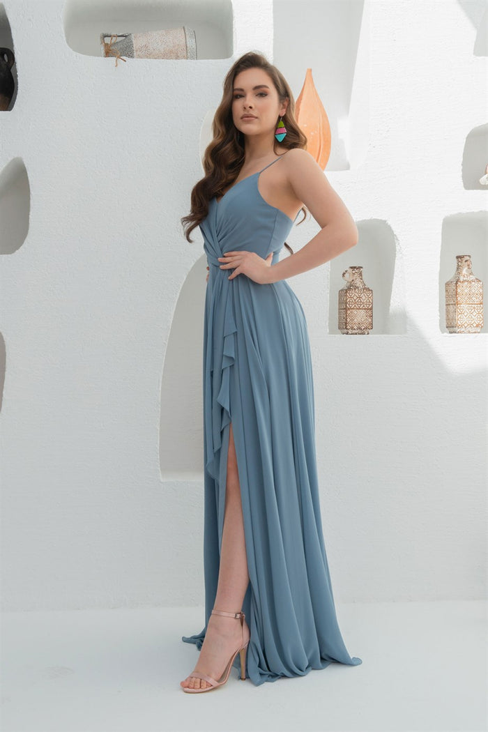 Angelino indigo chiffon strap with frilly long evening dresses