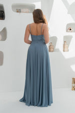 Angelino indigo chiffon strap with frilly long evening dresses