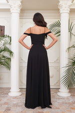 Angelino black chiffon low arm long evening dresses