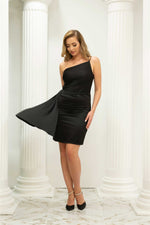 Angelino Black Satin Pleated Short Evening Dress