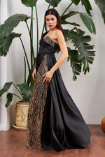 Angelino Black Satin One Shoulder Slip Long Evening Dress