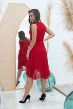 Angelino Red Chiffon Skirt Short Evening Dress with Flane Ribbon