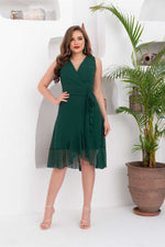 Angelino Emerald Chiffon Skirt Volanlı Ribbon Short Evening Dress