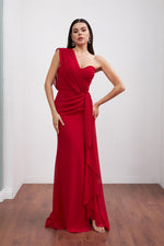 Angelino Red Chiffon One Shoulder Slip Long Evening Dress