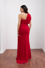 Angelino Red Chiffon One Shoulder Slip Long Evening Dress